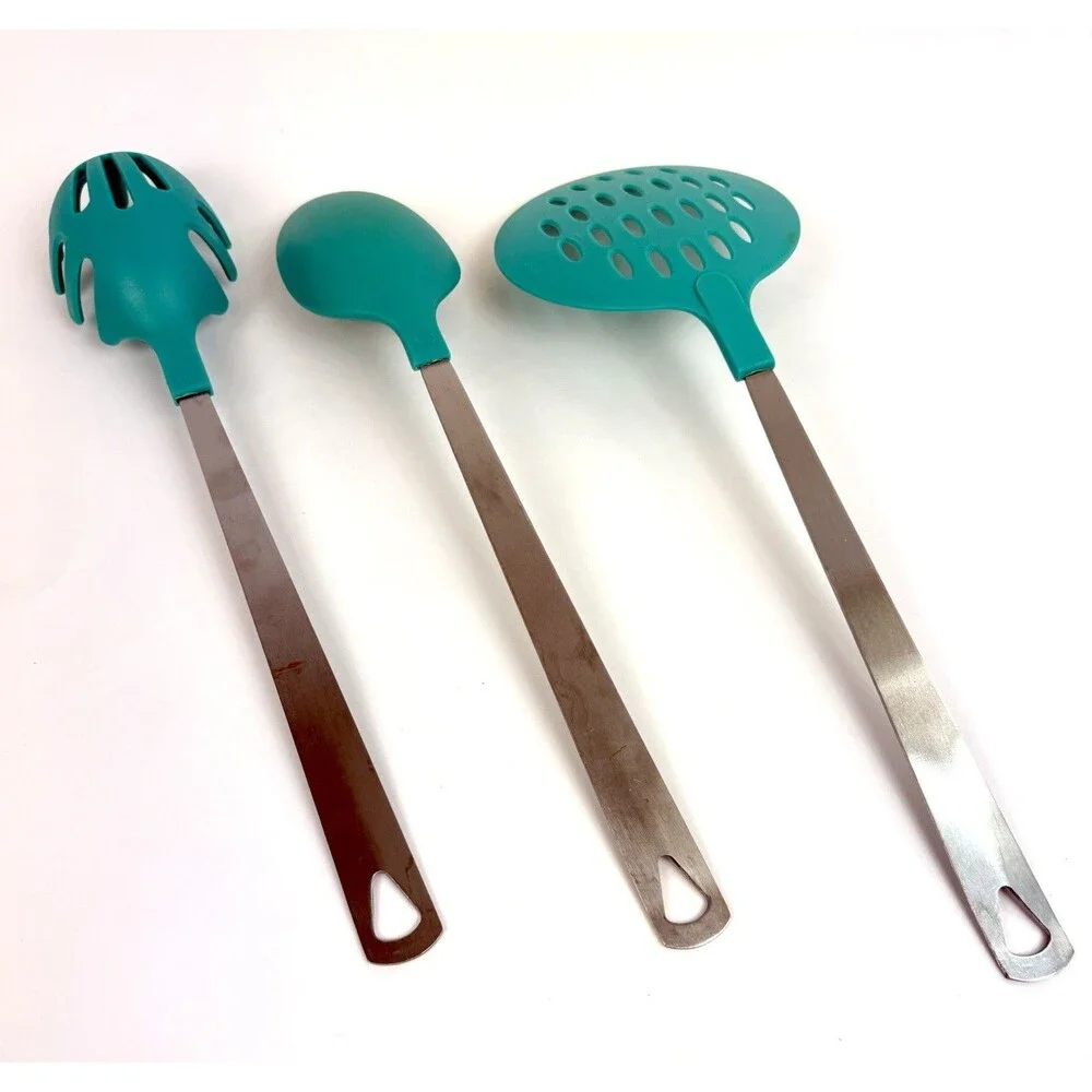Kitchen Utensils Set: 3-piece Teal Silicone Pasta Server, Spoon, Slotted Skimmer